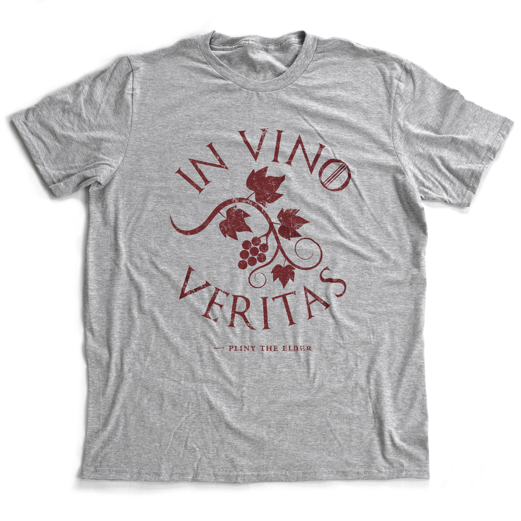 Retro / vintage-styled graphic t-shirt with amusing Latin quote: "In Vino Veritas," which loosely translates to "In Wine there is Truth," and featuring an elegant, classic graphic of a vine with leaves and grapes as if from a vineyard.