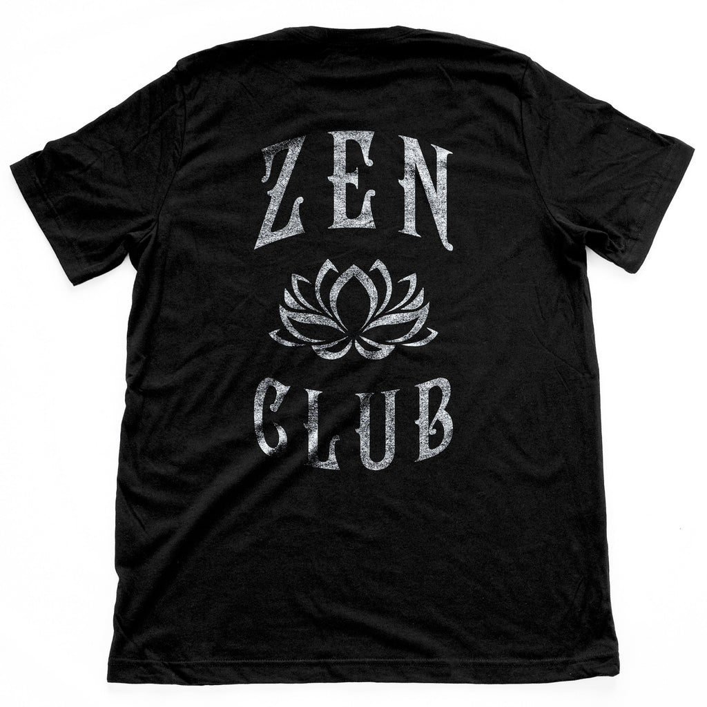 Classic, retro graphic t-shirt featuring a zen lotus at center, and the words ZEN CLUB above and below in distressed, weathered typography.