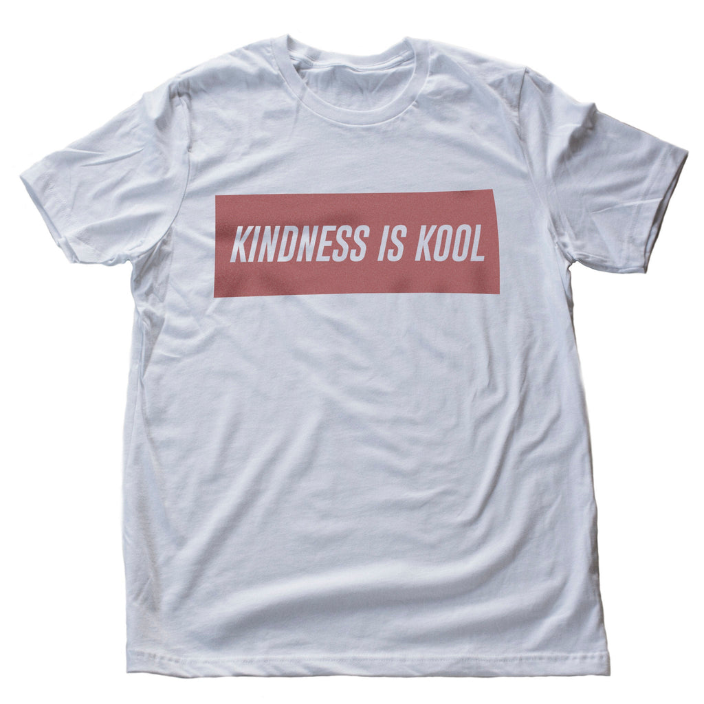 Simple graphic t-shirt with classic, retro-styling, with the words "Kindness is Kool" within a red block.