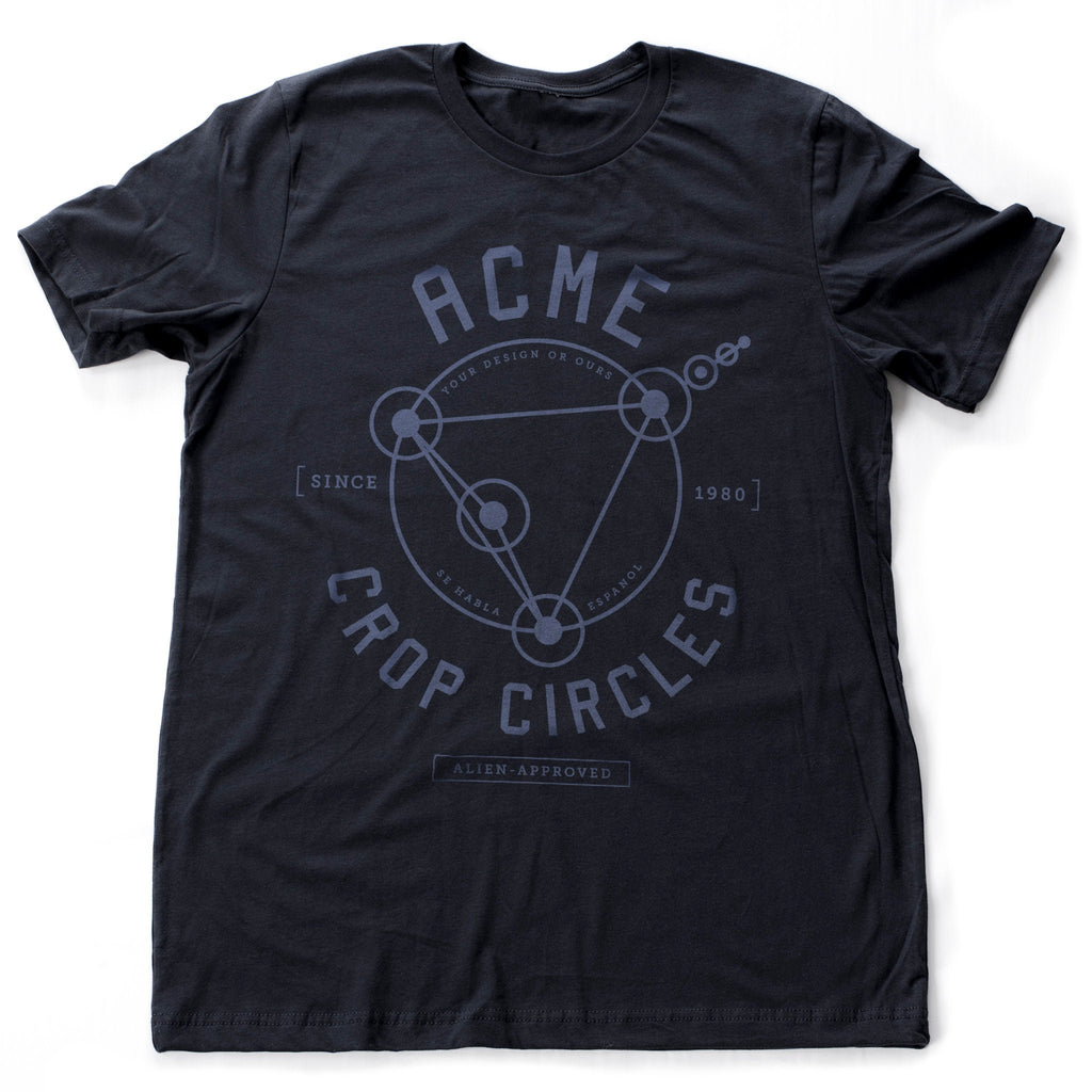Retro-style graphic t-shirt featuring Crop Circles and a typographic treatment and logo for the fictitious Acme Crop Circles company.