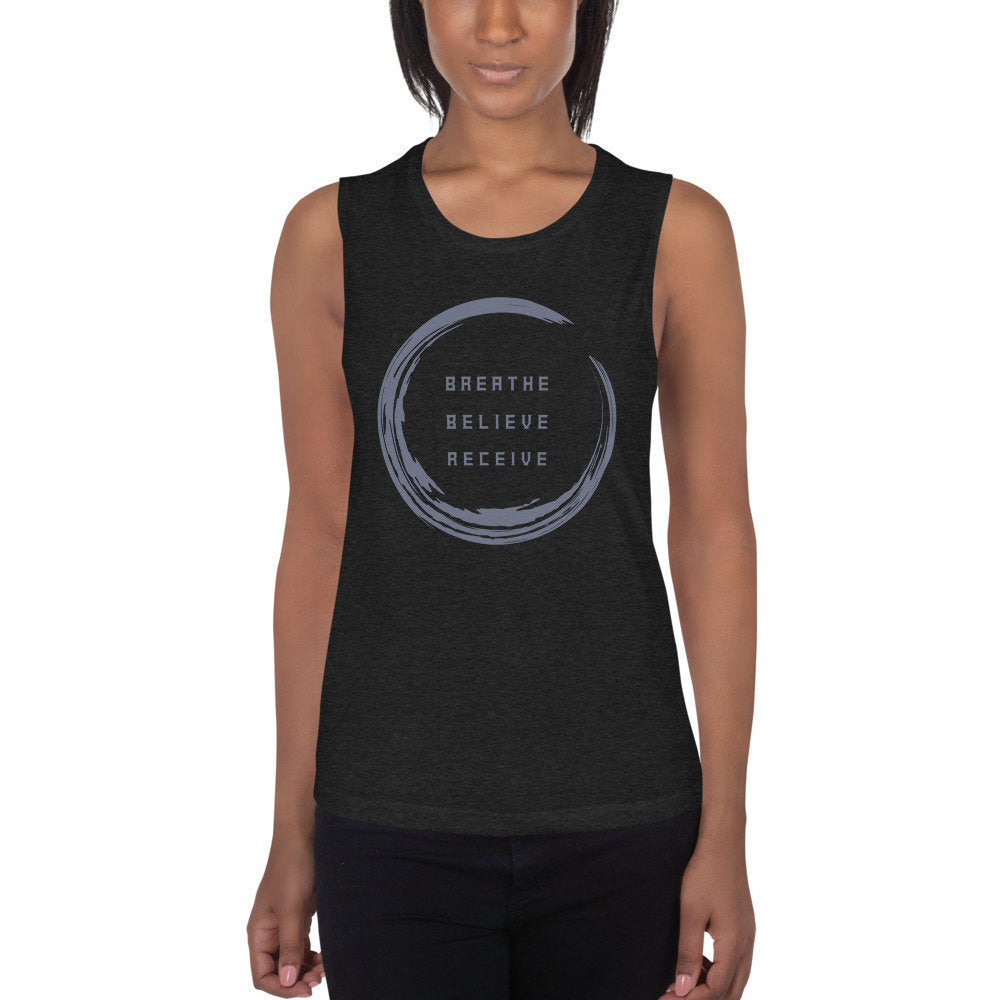 Women's tank top with Zen image graphic, a zen circle and the words Breathe Believe Receive within it.