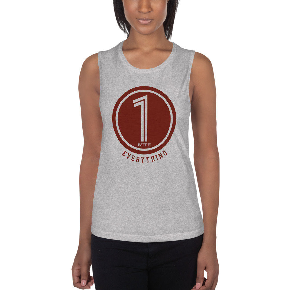 Female model wearing a stylish tank t-shirt with the sarcastic graphic referencing a zen meme: "1 with Everything" with the large numeral "1" as if referencing a sports jersey.