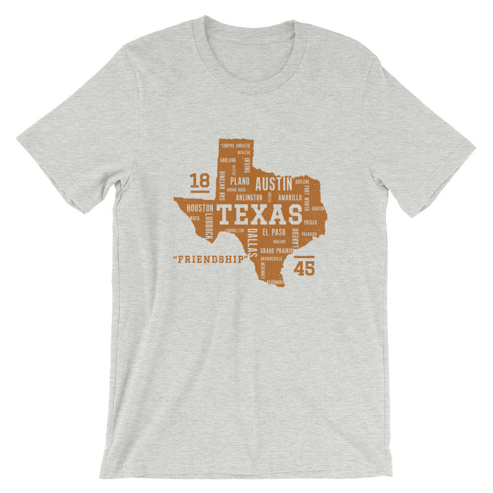 Stylish graphic t-shirt featuring the state of Texas filled with the names of its most populous cities in a collage pattern.