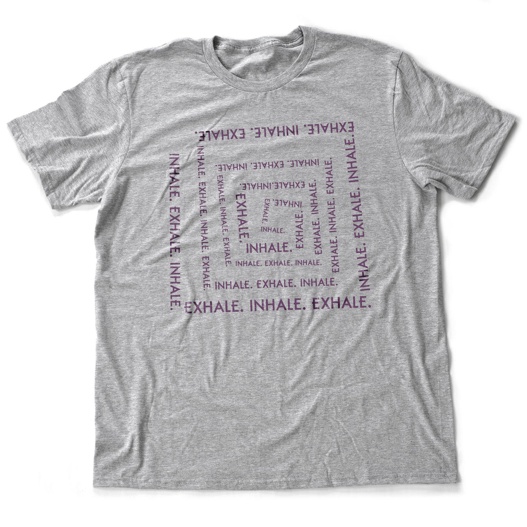 Graphic t-shirt with Zen / Yoga words in a concentric angular spiral: "Exhale, inhale, exhale..."