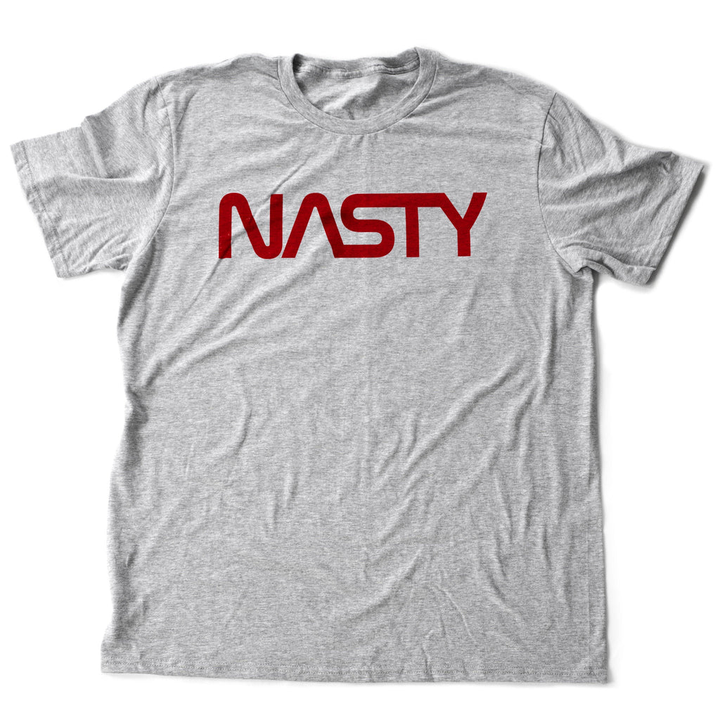 Stylish graphic t-shirt featuring a parody version of the NASA 'noodle' logo which reads "NASTY." Referencing a patch on a jacket worn on the tv show Broad City, and the pride from mocking Donald Trump's labeling of certain strong women as "Nasty women," as embraced by Julia Louis-Dreyfus.