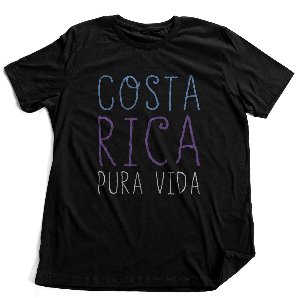 Colorful graphic t-shirt promoting travel to Costa Rica and the Costa Rican lifestyle as reflected in the "Pura Vida" slogan.