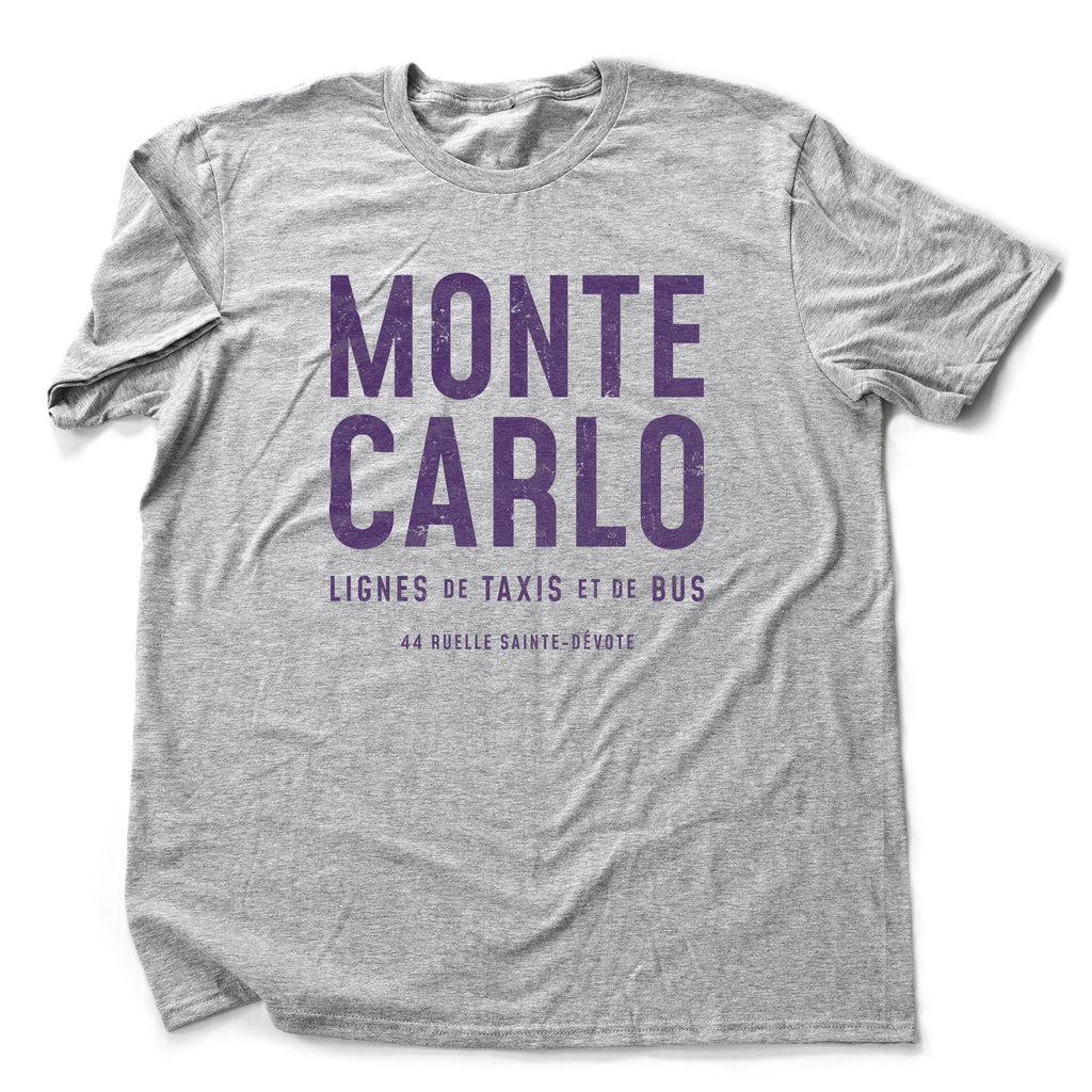Classic, retro-design graphic t-shirt with "MONTE CARLO" in large, bold type, and the sarcastic "Bus and Taxi Lines" in French, smaller, below.