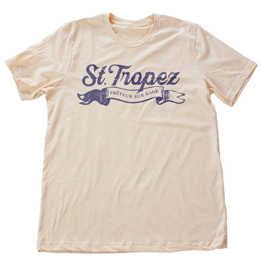 Classic, retro-design, vintage-inspired graphic t-shirt, sarcastically mocking luxury travel destinations. This one reads "St. Tropez" but is actually for a Pawn Shop. 
