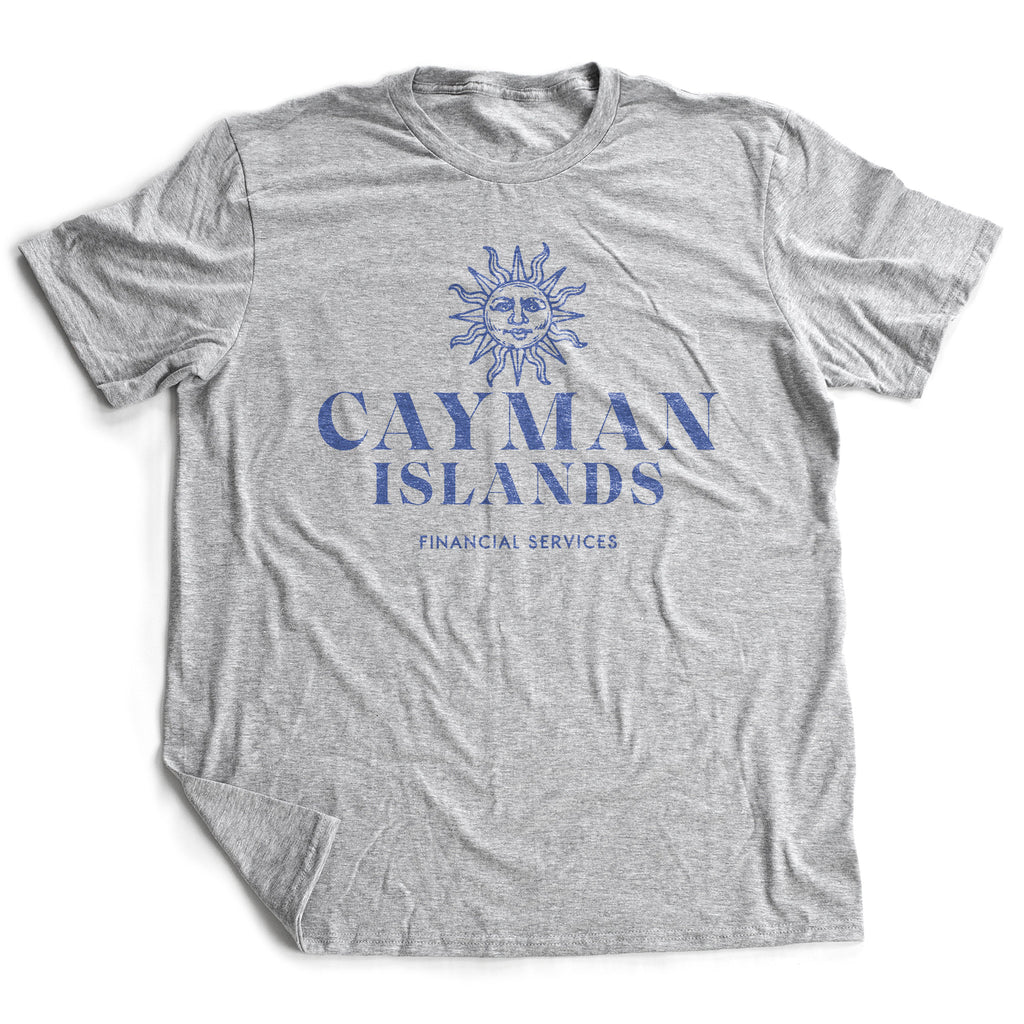 Sarcastic retro-vintage design graphic t-shirt for the Cayman Islands and a fictitious Financial Services company.
