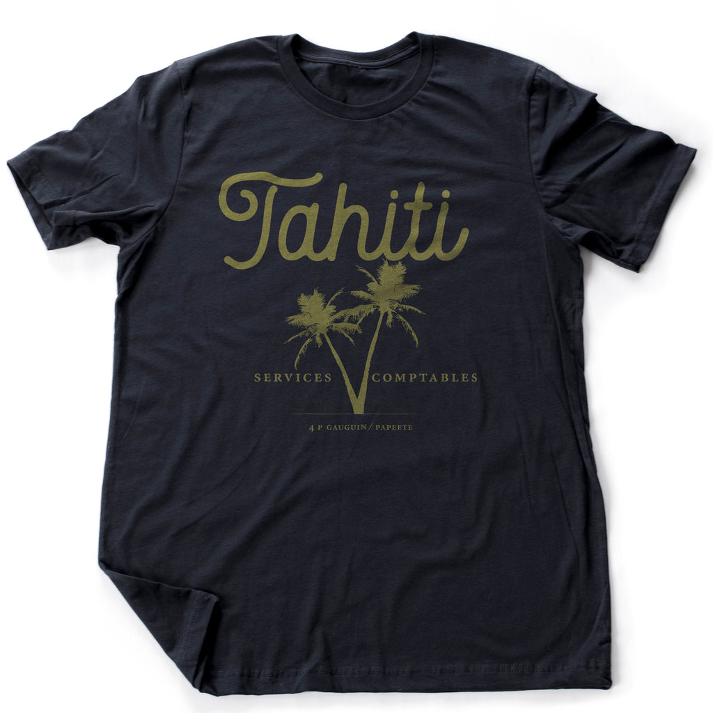 Sarcastic, retro, vintage-inspired graphic t-shirt featuring two palm trees and a large "Tahiti" above.