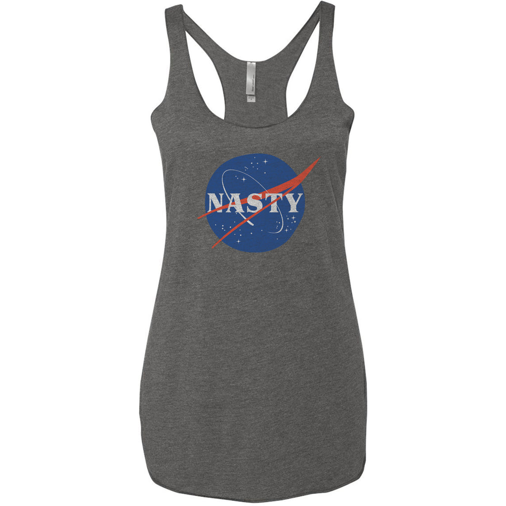 Women's racerback tank t-shirt featuring a parody of the NASA logo, which reads "NASTY" on this meme version.