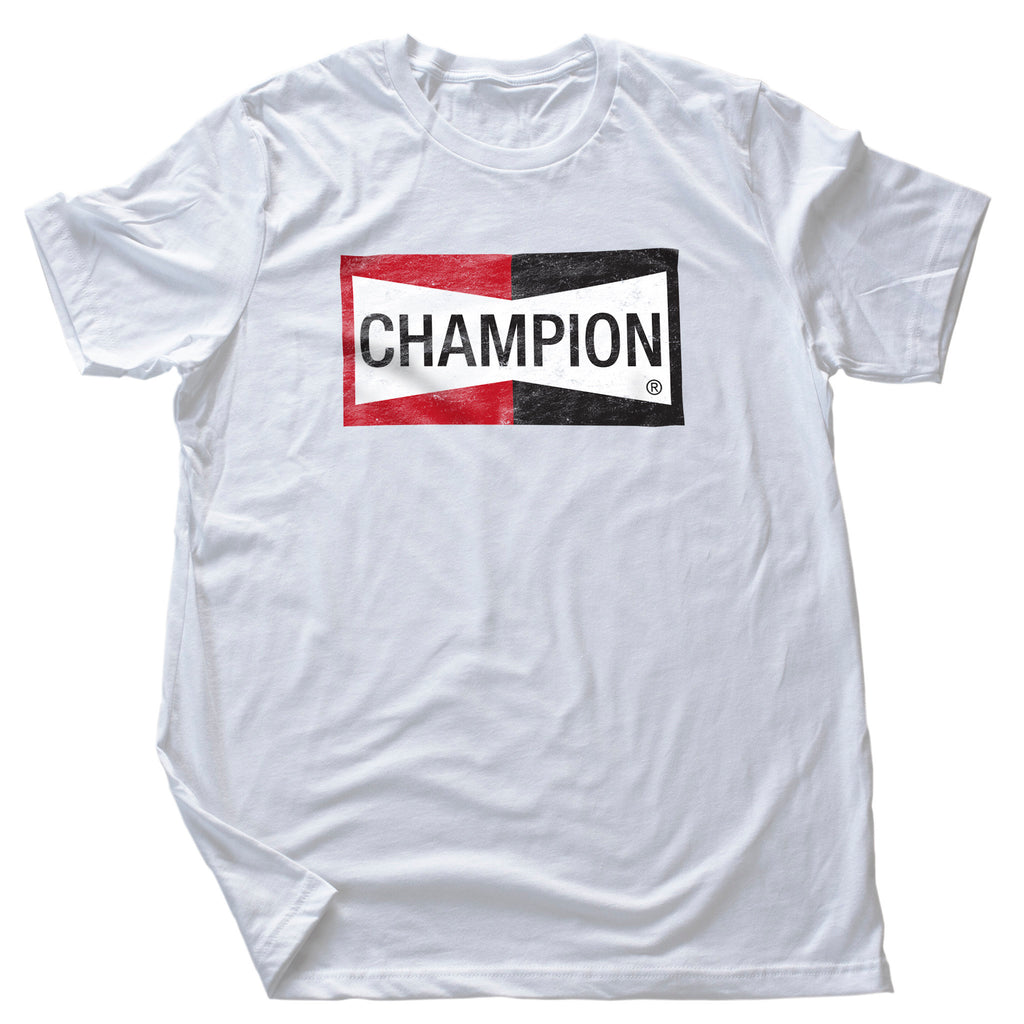 Graphic t-shirt with the retro logo for Champion auto supplies, as seen in the Quentin Tarantino movie Once Upon a Time in Hollywood, and worn by Brad Pitt in his role as a stuntman.