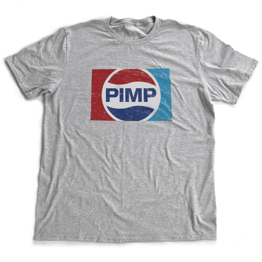 Graphic t-shirt with a retro, vintage style, featuring a sarcastic parody of the old Pepsi logo, substituting the word "PIMP" 
