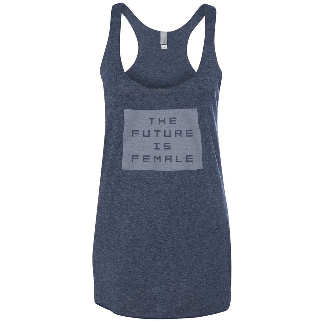 Classic, retro-styled women's racerback tank t-shirt with the words "the future is female" within a solid block.