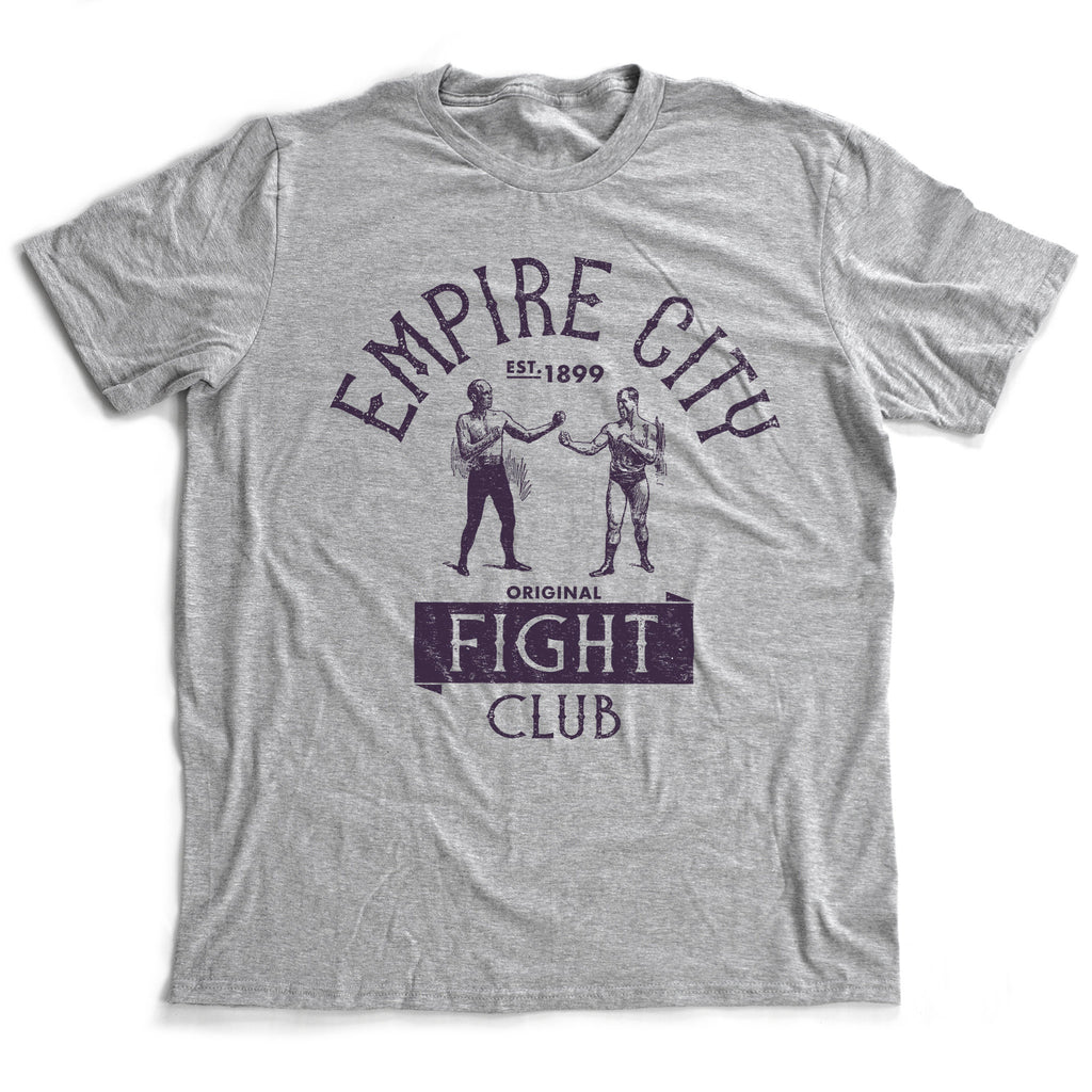 A parody graphic t-shirt featuring a retro image of two boxers/pugilists, and referencing the film Fight Club with Brad Pitt and Edward Norton, but for New York City in 1899.