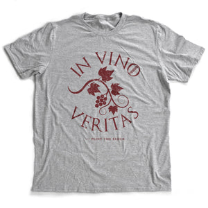 Retro / vintage-styled graphic t-shirt with amusing Latin quote: "In Vino Veritas," which loosely translates to "In Wine there is Truth," and featuring an elegant, classic graphic of a vine with leaves and grapes as if from a vineyard.