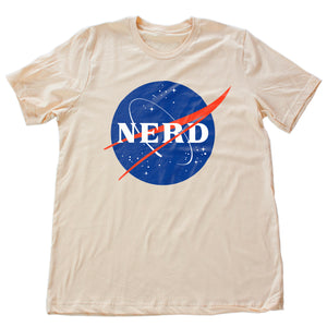 Classic, retro graphic t-shirt featuring a sarcastic parody of the vintage NASA universe logo, but in this instance it reads "NERD" instead of NASA, to proudly own one's geekdom, intelligence, and self-deprecating wit.