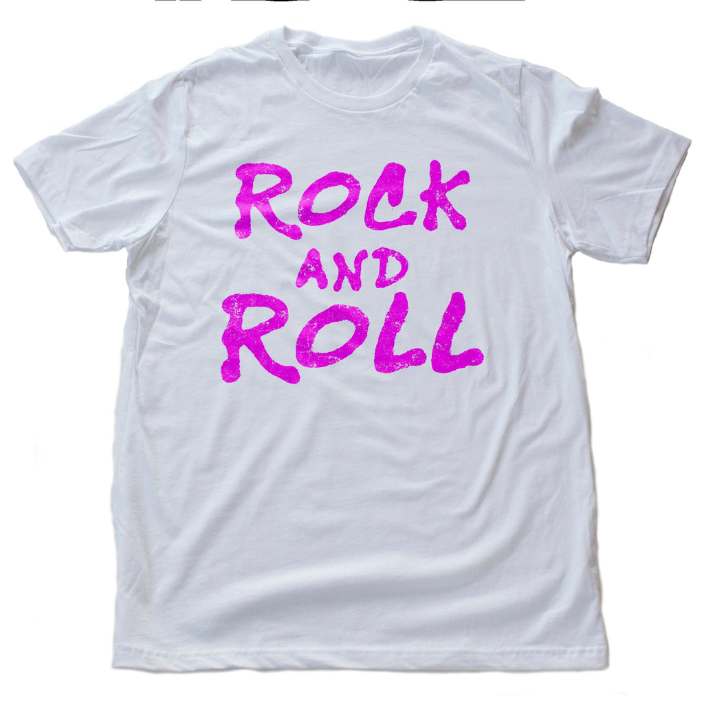 Fashionable graphic t-shirt with a graffiti style bold typographic treatment of "Rock and Roll"
