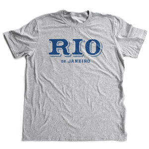 Retro design graphic t-shirt featuring bold typography of "RIO" in a shadow font, with "de Janeiro" below.