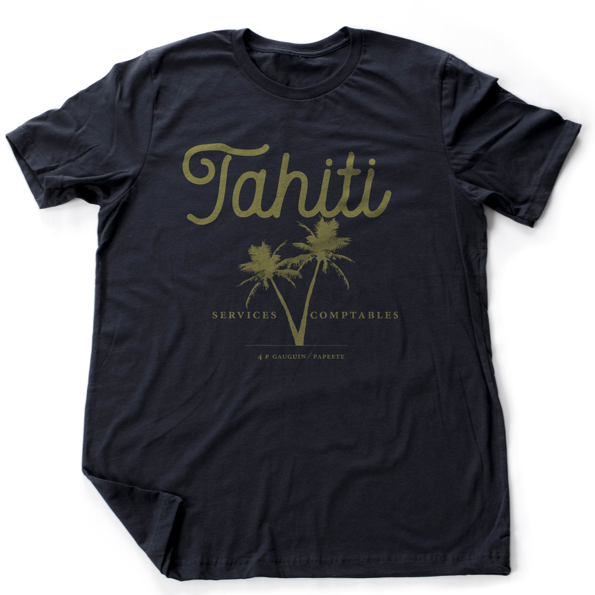 Sarcastic, retro, vintage-inspired graphic t-shirt featuring two palm trees and a large "Tahiti" above. Available in 4 colors.