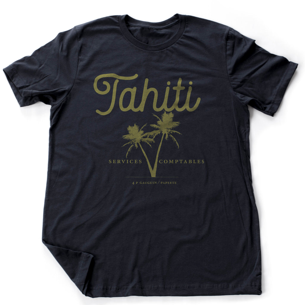Sarcastic, retro, vintage-inspired graphic t-shirt featuring two palm trees and a large "Tahiti" above. Available in 4 colors.