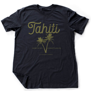 Sarcastic, retro, vintage-inspired graphic t-shirt featuring two palm trees and a large "Tahiti" above. Available in 4 colors.