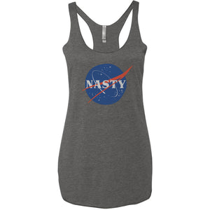Women's racerback tank t-shirt featuring a parody of the NASA logo, which reads "NASTY" on this meme version.