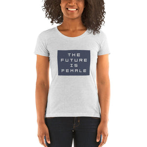 Female model wearing a classic, elegant graphic t-shirt with the words "the future is female" within a solid block.